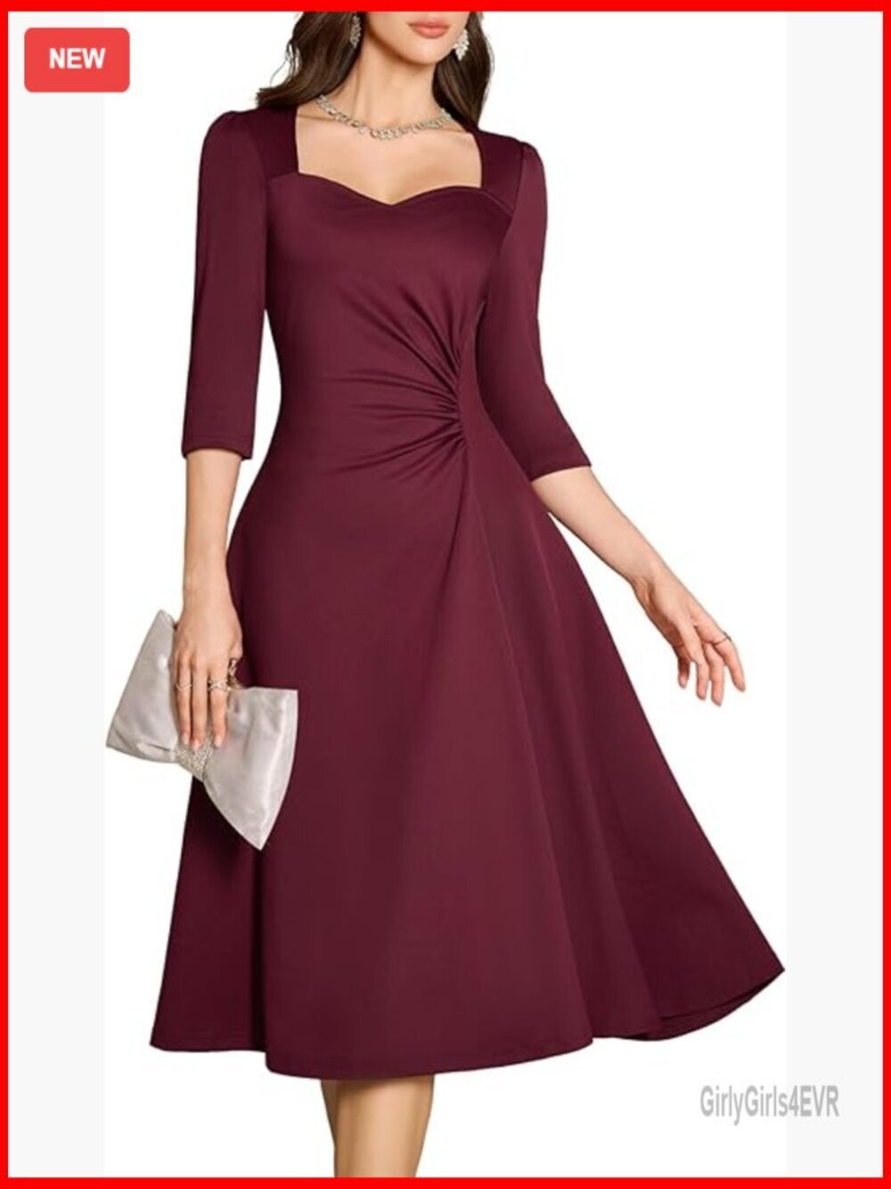 Ruched Waist A-Line Wrap Midi Dress 3/4 Sleeve V-Neck Formal Cocktail